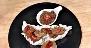 Stracotto di rognone alla birra rossa, con cioccolato fondente, cipolla rossa, zafferano e zenzero