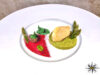 Risotto agli asparagi con lingua di manzo in tempura e mousse di olive e basilico