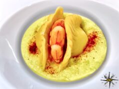 Mezzelune ai gamberi di Mazara del Vallo con pesto di pistacchi di Bronte e polvere di carapaci