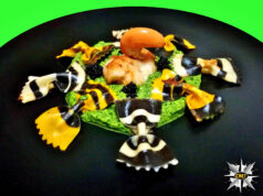 Farfalle tigrate con pesto di capesante e perle di mallotus