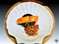 Salmone delle Fær Øer con harissa, sciroppo d’acero e germogli di azuki verdi