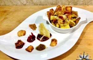 Agnolotti plincauda con chips di topinambur e riduzione di Dolcetto d’Alba