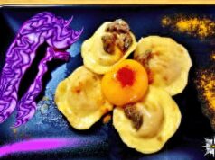 Quadrangolo di ravioli con filetto di canguro e cappuccio rosso