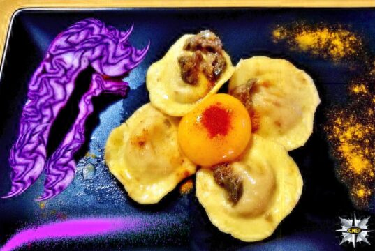 Quadrangolo di ravioli con filetto di canguro e cappuccio rosso