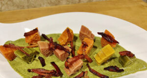 Alberelli con pesto di capperi di Linosa e fiammiferi di Culatello di Zibello