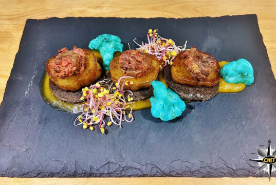 Chikwangue con chorizo canario e cremoso di zucca