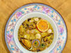 Bouillabaisse esotica con rana pescatrice, platano, melàngolo e passion fruit
