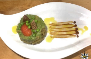 Pennette con paté di coniglio al Barolo Chinato e pesto di pisellini
