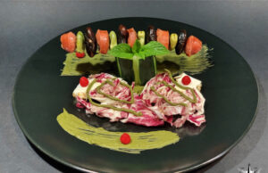 Spiedino di Fassona con fave e fagioli Diavoli di Castelluccio di Norcia