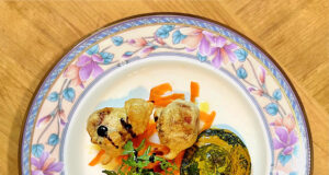 Fagottini di rana pescatrice con pesto di rucola e aceto di kiwi