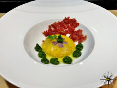 Fagottino brisée con malva, gorgonzola, lamina di salmone e cozze