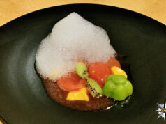 Macedonia con gelificazione di kiwi, spumoso di mango, bolle di anguria e schiuma di maraschino