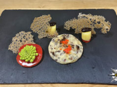 Fonduta di Beaufort con polvere di semi di cacao e corallo di baobab