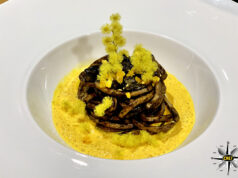 Tonnarelli di carruba su bolle di Burrata di Andria IGP ai fiori di mimosa