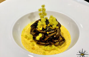 Tonnarelli di carruba su bolle di Burrata di Andria IGP ai fiori di mimosa
