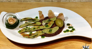 Foglie di ulivo al pesto taggiasco con storione bianco affumicato