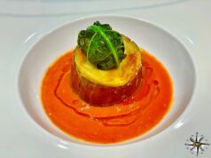 Parmigiana di melanzane con cioccolato, provola e buzzonaglia di tonno