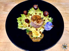Petto d’anatra in salsa Guinness, con purea viola e broccolo romanesco
