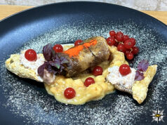 Cannolo di merluzzo della Groenlandia con crema di cioccolato bianco e wasabi