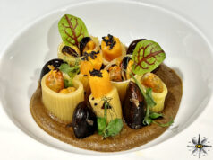Mezze maniche con batata americana, cozze e fagioli giganti