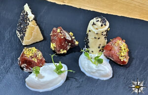 Tataki di Reggiano DOP 40 mesi e crudo di Parma con spuma di parmigiano
