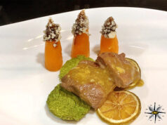 Duck escalope al miele di castagno con cracker di piselli e chips di limone